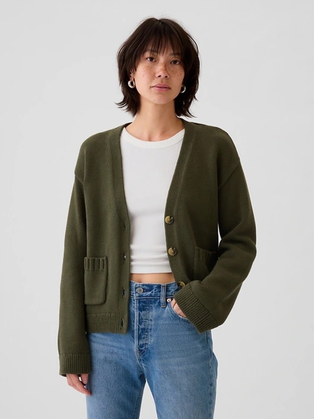 GAP Pocket Cardigan Sweater Olive Green Button Front